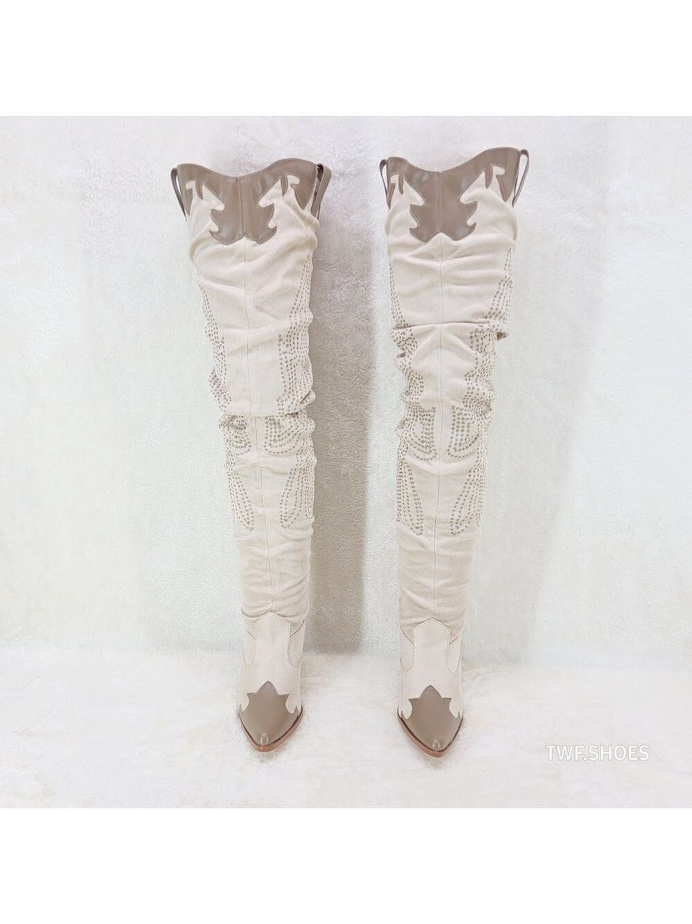 Iconic Western Thigh high Cowgirl Boots Cream - Picture 9 of 12